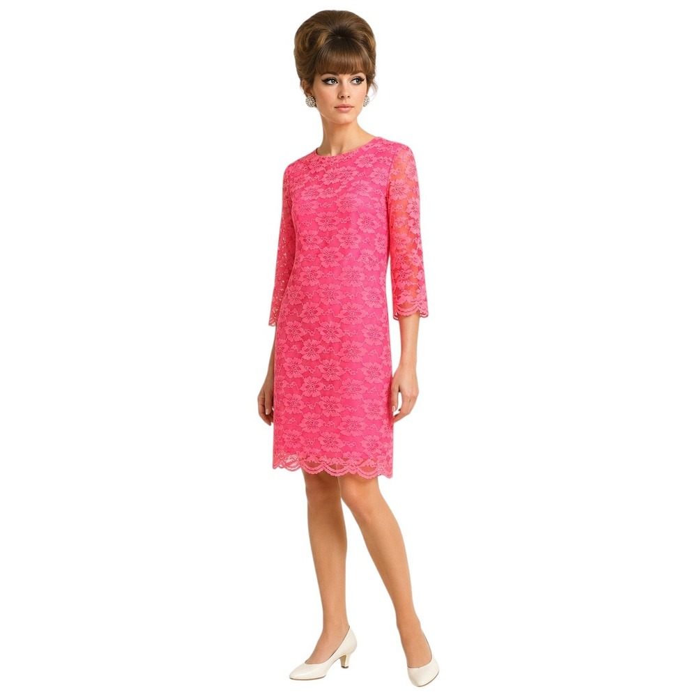 Vintage Womens Dress‎ Floral Lace Sheath Size 15 Pink 3/4 Sleeve Metallic Flaw